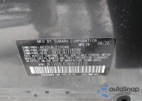 2022 Subaru Wrx Limited z USA, uszkodzony, nr VIN JF1VBAL63N9018118